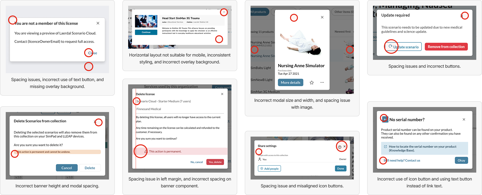 Examples of inconsistent modal UI components across different projects.